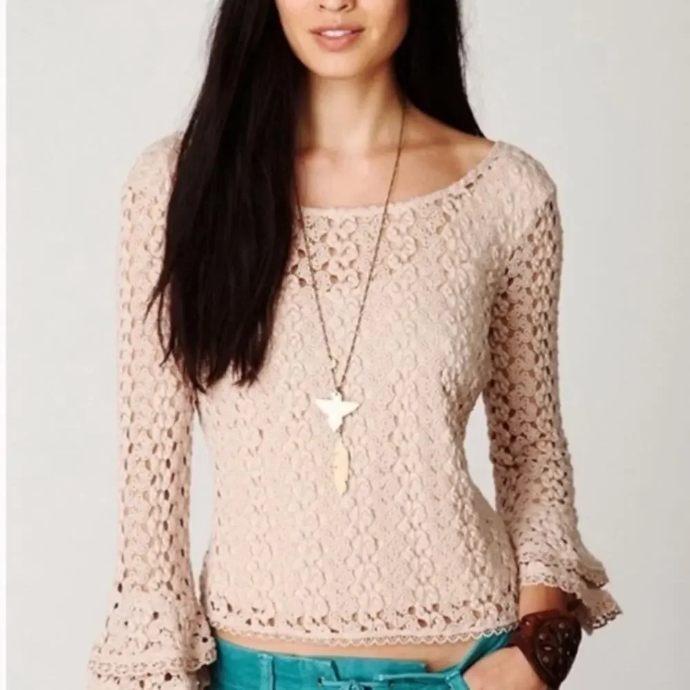 Free People Crochet Top Woven Bell Sleeve Boho Beach Festival Nude Cream Size M